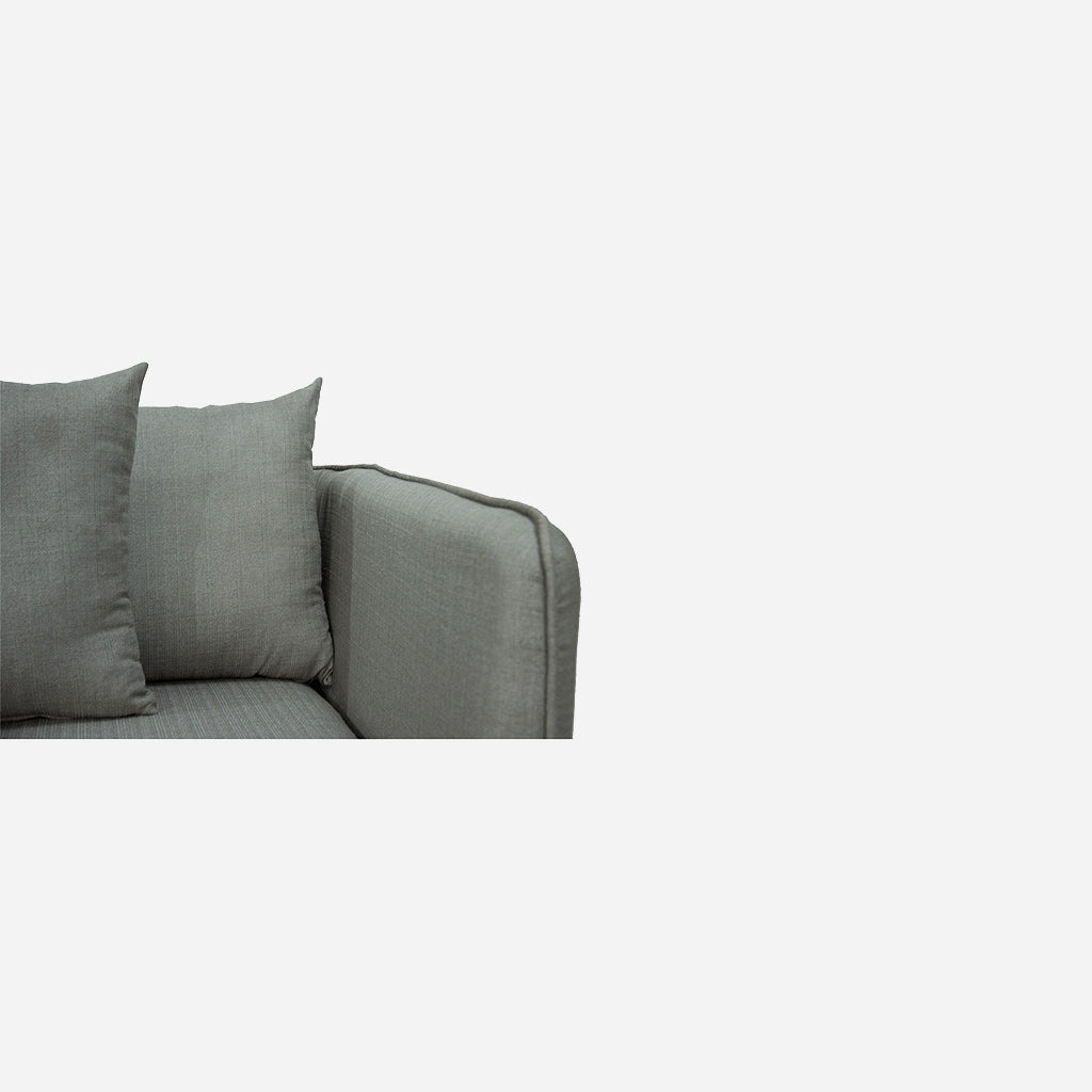 Falcon modern fabric sofa with solid teakwood base and clean contemporary lines – armrest and cushion detail