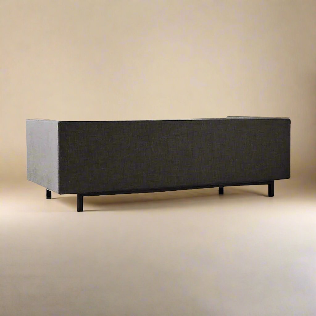 Murray mid-century modern tufted three seater sofa with upholstered seat and solid wood base – isometric back view