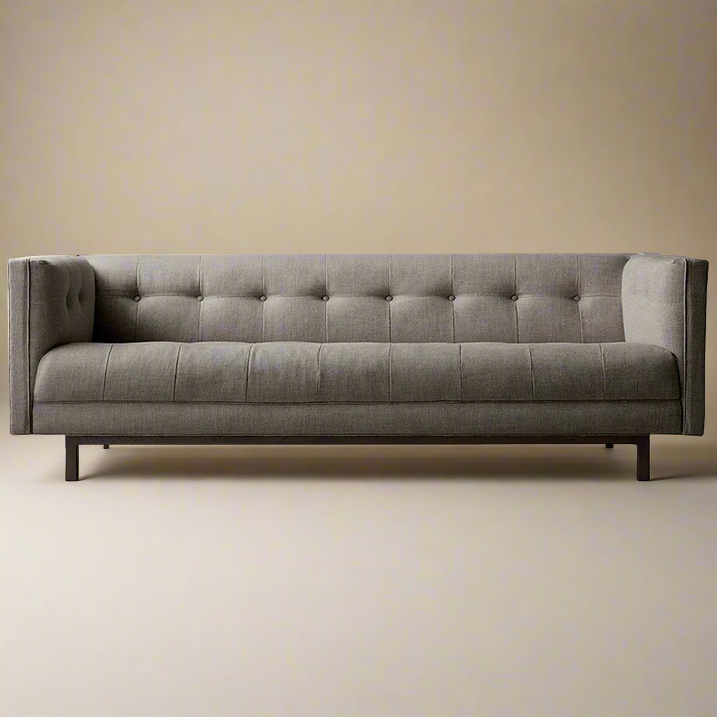 Murray mid-century modern tufted three seater sofa with upholstered seat and solid wood base – front view
