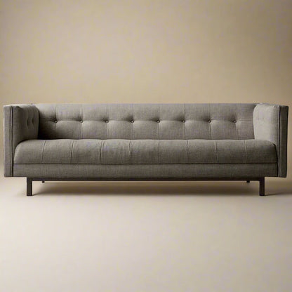 Murray mid-century modern tufted three seater sofa with upholstered seat and solid wood base – front view